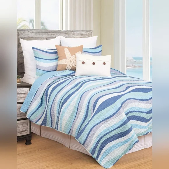 NWT C&F Home Sea Waves Blue Ocean Reversible Twin Quilt Set with One Sham - Picture 7 of 16